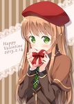  beret blush box brown_hair covering_mouth dated gift gift_box green_eyes happy_valentine hat heart heart-shaped_box holding hyuuga_azuri long_hair looking_at_viewer original school_uniform solo valentine 