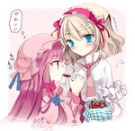  alice_margatroid bad_id bad_twitter_id blonde_hair blue_eyes blush bow box_of_chocolates capelet chocolate cierra_(ra-bit) crescent hair_bow hair_ornament hairband hat hat_bow long_hair long_sleeves looking_at_another mob_cap multiple_girls necktie patchouli_knowledge pink_background profile purple_eyes purple_hair ribbon short_hair simple_background speech_bubble text_focus touhou valentine 