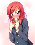  blush box covering_mouth embarrassed eyebrows_visible_through_hair gift gift_box hair_between_eyes heart highres holding holding_gift long_hair looking_at_viewer love_live! love_live!_school_idol_project nishikino_maki nose_blush purple_eyes red_hair solo valentine yu-ta 