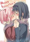  akemi_homura black_hair blush closed_eyes couple hair_ribbon hairband happy_valentine kaname_madoka kiss long_hair mahou_shoujo_madoka_magica multiple_girls nasunoko pink_hair ribbon scarf shared_scarf short_hair twintails twitter_username valentine yuri 