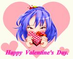  blue_hair blush box covering_mouth hair_ornament happy_valentine heart heart-shaped_box heart_background jinnseikkhototogisu leaf_hair_ornament looking_at_viewer portrait red_eyes ribbon rope shimenawa short_hair solo touhou valentine yasaka_kanako 