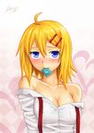  absurdres blonde_hair breasts cleavage collarbone condom condom_in_mouth covered_nipples highres medium_breasts mouth_hold off_shoulder original solo tri-edge valentine 
