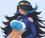  1girl bare_shoulders breasts cleavage female goggles hair_over_one_eye izumi_(pokemon) izumi_(pokemon)_(remake) looking_at_viewer midriff multicolored_hair navel perky_breasts pixiv_manga_sample pokemon pokemon_oras smile solo team_aqua utsugi_(skydream) 