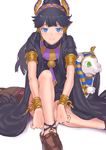  anklet black_dress black_hair blue_eyes blurry depth_of_field dress egyptian eyeshadow hair_tubes hairband highres jewelry jyon lion long_hair looking_at_viewer makeup necklace nephthys_(p&amp;d) no_socks ponytail puffy_short_sleeves puffy_sleeves putting_on_shoes puzzle_&amp;_dragons shoes short_sleeves solo sphinx_(p&amp;d) 