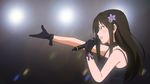  bad_id bad_pixiv_id bare_shoulders black_gloves black_gothic_dress_(idolmaster) brown_hair choker earrings flower gloves green_eyes hair_flower hair_ornament hair_ribbon highres idolmaster idolmaster_cinderella_girls jewelry lights long_hair music official_style outstretched_arm profile ribbon shibuya_rin singing undershaft 