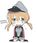  1girl anchor_hair_ornament arm_support blonde_hair blue_eyes blue_hair blush_stickers chibi crying crying_with_eyes_open gloves hair_ornament hard_translated hat kantai_collection long_sleeves looking_at_viewer microskirt military military_uniform mozuya_murasaki peaked_cap prinz_eugen_(kantai_collection) short_twintails simple_background sitting skirt tears thighhighs translated twintails uniform wariza white_background white_gloves 