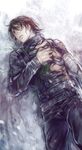  body_armor brown_hair captain_america_the_winter_soldier cyborg damaged james_buchanan_barnes male_focus marvel mechanical_arm mescaline prosthesis prosthetic_arm shirt sleeping snow solo torn_clothes torn_shirt winter_soldier 