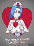  animated animated_gif between_breasts blue_hair breasts english eyepatch gloves hat heart_(organ) kuso_otoko large_breasts nurse nurse_cap red_cross red_eyes skullgirls solo surgical_mask valentine_(skullgirls) white_gloves 