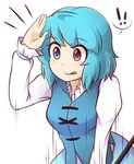  !! 1girl :p blue_hair commentary heterochromia looking_at_viewer salute short_hair smile solo spoken_exclamation_mark tatara_kogasa tongue tongue_out touhou wool_(miwol) 