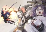  armored_aircraft_carrier_oni ass bent_over black_skirt blood blood_in_mouth blood_on_face bloody_clothes crop_top damaged defeat ebizome eyepatch firing halo head_rest headgear kantai_collection long_hair machinery mechanical_halo multiple_girls open_mouth ponytail purple_eyes purple_hair red_eyes school_uniform serafuku shinkaisei-kan short_hair shouting sketch skirt smile smug sword tatsuta_(kantai_collection) tenryuu_(kantai_collection) thighhighs torn_clothes turret very_long_hair weapon white_hair white_skin wide-eyed yellow_eyes 