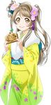  bird bow brain brown_hair ema flower fur_trim hair_flower hair_ornament japanese_clothes kimono long_hair love_live! love_live!_school_idol_festival love_live!_school_idol_project minami_kotori obi official_art sash smile solo third-party_edit transparent_background 