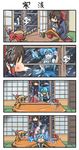  3girls 4koma age_regression ahoge ascot black_sclera blush blush_stickers bow brown_hair chamaji cirno comic cup dress hair_bow hakurei_reimu highres horns ibuki_suika ice ice_wings jacket kettle knocking kotatsu long_hair multiple_girls older oni short_hair silent_comic snowstorm spit_take spitting table touhou wings younger yunomi 