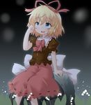  :d blonde_hair blue_eyes bow flower hair_bow lily_of_the_valley md5_mismatch medicine_melancholy natsu_no_koucha open_mouth puffy_short_sleeves puffy_sleeves shirt short_hair short_sleeves sitting skirt smile touhou 