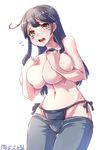  bikini_jeans black_hair blush breasts combat_s-ko covering covering_breasts cowboy_shot denim embarrassed highres huge_breasts jeans kantai_collection long_hair looking_at_viewer lowleg lowleg_pants meme_attire open_mouth pants solo tears thigh_gap topless ushio_(kantai_collection) white_background yellow_eyes 
