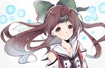  bad_id bad_pixiv_id brown_eyes brown_hair double-breasted green_headband hair_ribbon harusame_(moyuna412) headband jintsuu_(kantai_collection) kantai_collection long_hair remodel_(kantai_collection) ribbon smile 