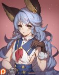  1girl animal_ears backless_outfit belt black_gloves blue_hair breasts brown_gloves bunny_ears earrings erune ferry_(granblue_fantasy) gloves granblue_fantasy hoop_earrings jewelry long_hair looking_at_viewer loose_belt sideboob single_earring small_breasts smile solo songjikyo wavy_hair whip yellow_eyes 