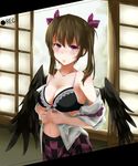  absurdres black_bra blush bow bra breasts brown_hair checkered checkered_skirt feathered_wings hair_bow hair_ornament highres himekaidou_hatate kokko361 lace lace-trimmed_bra looking_at_viewer medium_breasts midriff navel open_clothes open_shirt purple_eyes recording shirt short_hair skirt solo sweatdrop touhou twintails underwear wings 