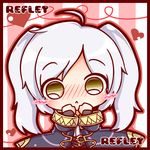  :&lt; ahoge blush blush_stickers brown_eyes character_name chibi cloak female_my_unit_(fire_emblem:_kakusei) fire_emblem fire_emblem:_kakusei hands_on_own_face heart hood hooded_cloak long_coat looking_at_viewer my_unit_(fire_emblem:_kakusei) ritateo solo super_smash_bros. twintails valentine white_hair 