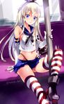  arm_support bare_shoulders blonde_hair blue_eyes crop_top detached_sleeves elbow_gloves gloves grin hairband hayakawa_akari highleg highleg_panties kantai_collection long_hair looking_at_viewer miniskirt panties pole shimakaze_(kantai_collection) sitting skirt smile solo striped striped_legwear thighhighs underwear 