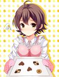  ahoge apron bad_id bad_pixiv_id baking_sheet brown_hair checkerboard_cookie chocolate chocolate_heart cookie food frown girlfriend_(kari) heart highres hiiragi_makoto_(girlfriend_(kari) hoippu_(whip_xx) oven_mitts short_hair solo squiggle 