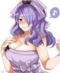  1girl bare_shoulders breasts camilla_(fire_emblem_if) cleavage earrings fire_emblem fire_emblem_heroes fire_emblem_if hair_over_one_eye jewelry large_breasts lips long_hair looking_at_viewer naked_towel nintendo ponytail purple_eyes purple_hair rem_sora410 smile solo tiara towel very_long_hair wavy_hair 