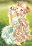  barefoot blonde_hair dress grass hairband hanakomiti handheld_game_console horns long_hair looking_back nintendo_3ds original sheep_horns sitting solo stylus very_long_hair yellow_eyes 