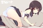  ass black_skirt blush braid brown_eyes brown_hair character_name isonami_(kantai_collection) kantai_collection long_hair lying on_stomach open_mouth panties pillow pillow_hug pleated_skirt school_uniform serafuku shirt sidelocks skirt skirt_lift solo torn_clothes torn_shirt translated underwear watanon_(gakushokutei) white_panties 