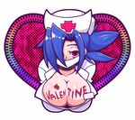  1girl blood blue_hair body_writing breasts choker cleavage eyepatch fuupo hair_over_one_eye hat large_breasts looking_at_viewer nurse nurse_cap ponytail red_eyes skullgirls solo surgical_mask upper_body valentine_(skullgirls) 