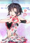  antenna_hair black_hair cleavage_cutout heart heart_hands idolmaster idolmaster_(classic) kikuchi_makoto looking_at_viewer midriff negativeundead one_eye_closed short_hair 