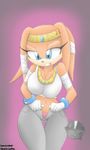  bandage blue_eyes breasts cleavage clenched_teeth clothed clothing dressing eyelashes female fur jeans lord_friez orange_fur sega sonic_(series) teeth tikal_the_echidna 
