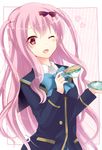  bad_id bad_pixiv_id cup girlfriend_(kari) kagami_matsuri pink_eyes pink_hair school_uniform solo tea teacup yasuda_rikka 
