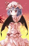  3: bat_wings blood blood_from_mouth bruise hat injury looking_at_viewer mob_cap purple_hair red_eyes remilia_scarlet ruu_(tksymkw) short_hair solo spear_the_gungnir torn_clothes touhou wings 