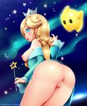  anus ass bare_shoulders blonde_hair blue_dress blue_eyes blush breasts breasts_outside chiko_(mario) crown dress earrings from_behind glowing glowing_eyes hair_over_one_eye highres jewelry lips long_hair mario_(series) neocoill nipples no_panties off-shoulder_dress off_shoulder pussy rosetta_(mario) solo star star_earrings super_mario_bros. uncensored wand 