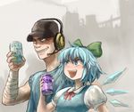  1girl bandaged_arm bandages baseball_cap blue_dress blue_eyes blue_hair bow bowtie can cirno crossover dress drink evil_grin evil_smile grin hair_ornament hair_ribbon hat headset ice ice_wings omaesan_(camp-192) open_mouth parody pose puffy_sleeves ribbon shirt short_hair short_sleeves smile t-shirt team_fortress_2 the_scout touhou vest wings 