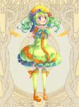  1girl :o ashgray blue_eyes blue_gloves blush bow dress flower full_body gloves green_bow green_dress green_hair green_legwear hair_flower hair_ornament hands_up hat kneehighs orange_footwear orange_hat red_flower shoes short_sleeves solo standing twintails 