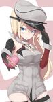  bismarck_(kantai_collection) black_gloves blonde_hair blue_eyes blush box chocolate chocolate_heart detached_sleeves german gift gift_box gloves grey_legwear hand_on_headwear hat heart heart-shaped_box highres incoming_gift kantai_collection long_hair long_sleeves looking_at_viewer military military_uniform mku open_mouth parted_lips peaked_cap solo thighhighs translated uniform valentine 
