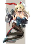  adapted_costume alternate_costume animal_ears arm_support atago_(kantai_collection) bare_shoulders black_gloves black_legwear blush bow bowtie breasts bunny_ears bunny_girl bunny_tail bunnysuit cleavage detached_collar fake_animal_ears full_body gloves green_eyes high_heels kantai_collection katahira_masashi large_breasts long_hair looking_at_viewer pantyhose simple_background smile solo tail wrist_cuffs 