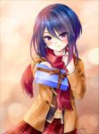  bad_id bad_pixiv_id blue_hair blush box coat dress gift gift_box girlfriend_(kari) giving hibara_eiko jacket lips looking_at_viewer miyatomo_(hibaraya) plaid plaid_dress purple_eyes red_dress scarf school_uniform short_hair smile solo valentine 