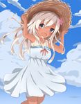  alternate_costume bad_id bad_pixiv_id blonde_hair blue_eyes dress hat kantai_collection long_hair minikon ro-500_(kantai_collection) straw_hat tan tanline 