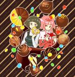  2girls black_hair blue_eyes bob_cut chocolate commentary_request copyright_name english_text gundam gundam_g_no_reconguista heart komatsu_(s0612290) manny_ambassada multiple_girls noredo_nug pink_eyes pink_hair ribbon short_hair upper_body valentine 