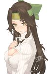  alternate_costume breasts brown_hair cleavage cleavage_cutout dated hand_on_own_chest headband jintsuu_(kantai_collection) kantai_collection long_hair looking_at_viewer medium_breasts meme_attire open-chest_sweater remodel_(kantai_collection) ribbed_sweater rokuwata_tomoe sidelocks solo sweater turtleneck twitter_username upper_body yellow_eyes 