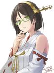  artist_name bare_shoulders black_hair dated detached_sleeves finger_to_chin glasses green-framed_eyewear green_eyes hairband japanese_clothes kantai_collection kirishima_(kantai_collection) looking_at_viewer nontraditional_miko parted_lips ribbon-trimmed_sleeves ribbon_trim rokuwata_tomoe short_hair signature simple_background solo twitter_username white_background 