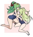  ahoge bare_shoulders blue_eyes blush chiki circlet fire_emblem fire_emblem:_kakusei fire_emblem:_monshou_no_nazo green_hair hug kara_age kneeling long_hair mamkute multiple_girls no_nose nono_(fire_emblem) one-piece_swimsuit pointy_ears ponytail purple_eyes school_swimsuit swimsuit 