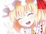  ascot blonde_hair blush bow closed_eyes fangs flandre_scarlet hat hat_bow mount_whip smile solo touhou white_background 