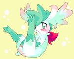  ambiguous_gender blush fur green_eyes green_fur looking_at_viewer nintendo plain_background pok&eacute;mon shaymin shaymin_(sky_form) solo spread_legs spreading tuft unknown_artist video_games yellow_background 