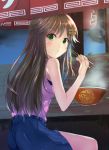  1girl blue_skirt bowl brown_hair chopsticks eating eyebrows_visible_through_hair food from_behind green_eyes hair_between_eyes hair_ornament hairclip himekawa_yuki holding holding_chopsticks idolmaster idolmaster_cinderella_girls long_hair looking_at_viewer miniskirt night noodles outdoors pink_shirt ramen shiny shiny_hair shirt sitting skirt sleeveless sleeveless_shirt solo very_long_hair z.nov 