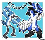  ambiguous_gender anthro avian bird black_hair blue_eyes blue_feathers blue_jay cartoon_network duo english_text hair male mordecai_(regular_show) open_mouth regular_show text white_feathers xiamtheferret 