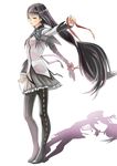  akemi_homura black_hair black_hairband braid eyewear_removed full_body glasses hairband highres holding holding_eyewear long_hair mahou_shoujo_madoka_magica masashi_(excellent) pantyhose ribbon shadow skirt solo standing tears untying very_long_hair wind 