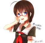 :d ahoge blue_eyes brown_hair colorized engrish glasses kantai_collection looking_at_viewer neckerchief open_mouth ranguage red_neckwear sekino_takehiro shigure_(kantai_collection) smile solo twitter_username 