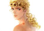  bare_shoulders birthmark blonde_hair blue_eyes braid curly_hair earrings eyelashes from_behind giorno_giovanna higurehiiro jewelry joestar_birthmark jojo_no_kimyou_na_bouken looking_back male_focus nape parted_lips solo star white_background 